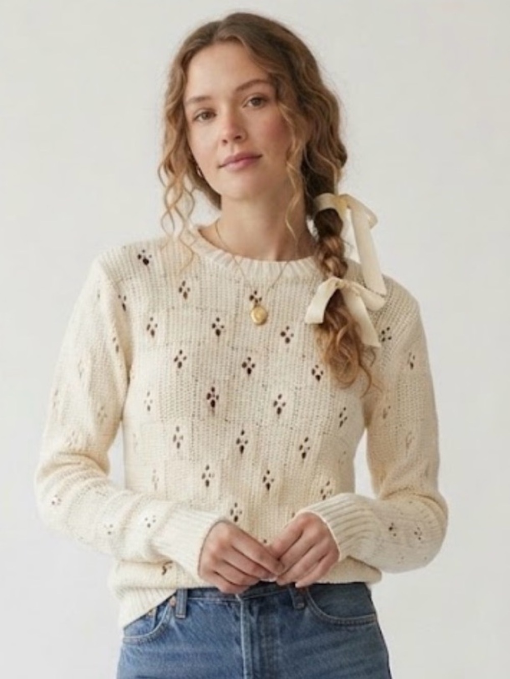 Vintage Hand Knit Cream Pointelle Crewneck Sweater Small